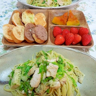 塩鶏とキャベツのバジルソーススパゲティ